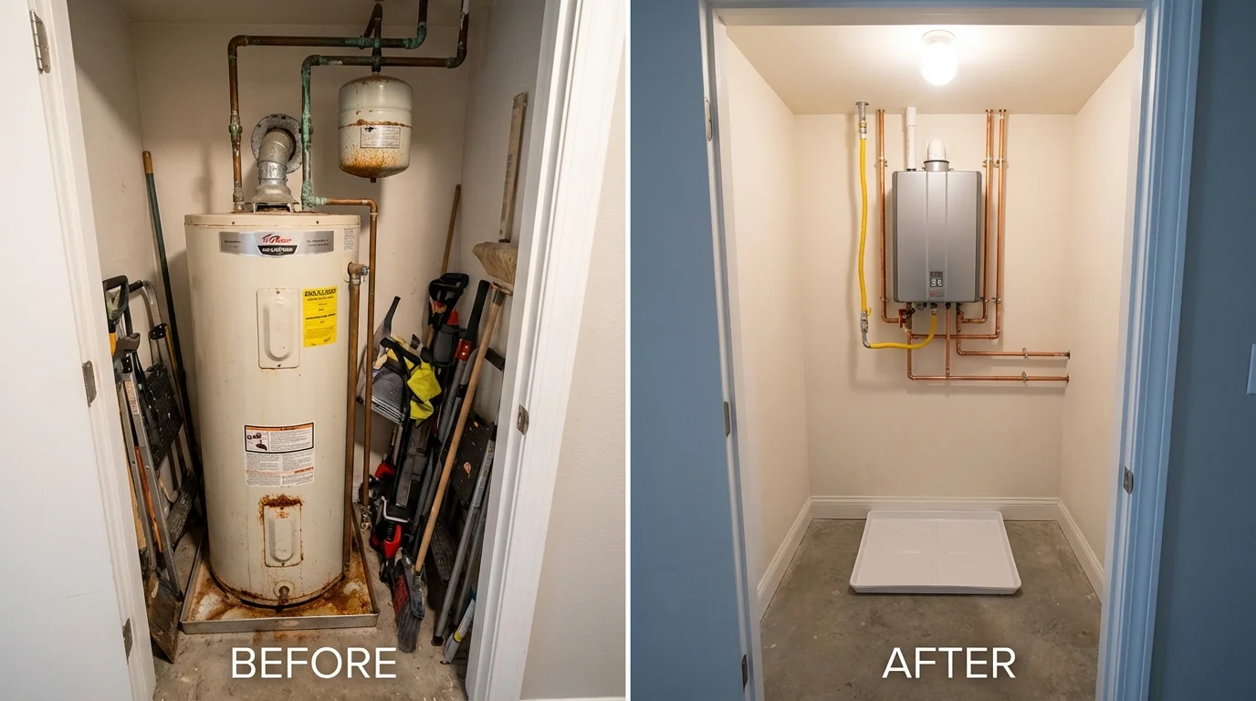 Tank water heater versus wall-mounted tankless unit comparison for Anahuac, TX homeowners