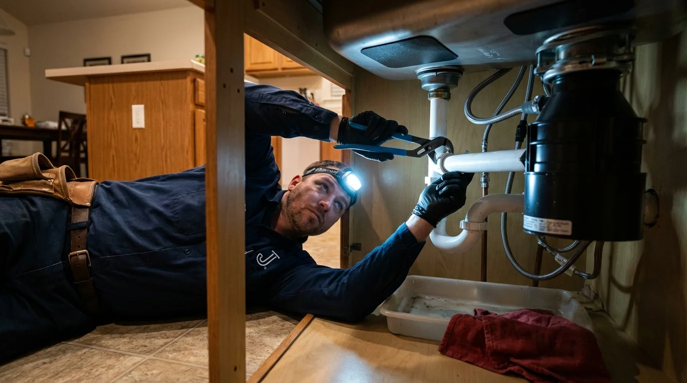 P-trap and supply line connections under a kitchen sink showing a common leak point in Anahuac, TX